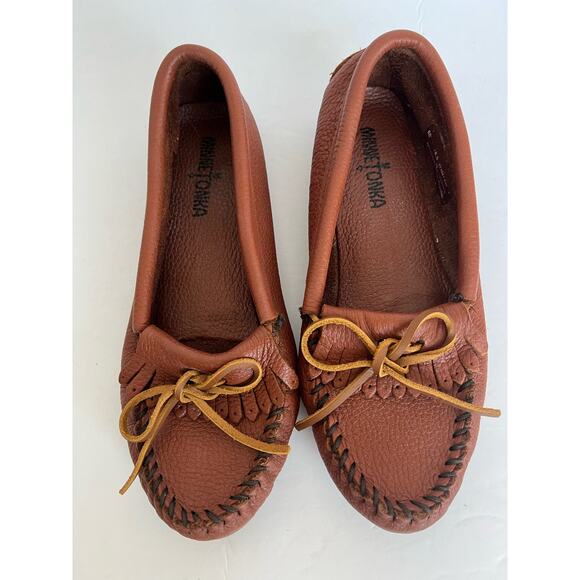 Minnetonka Moccasin Bow Loafer Chestnut Brown Leather Slip On Driving Shoes 8.5 - Picture 6 of 10